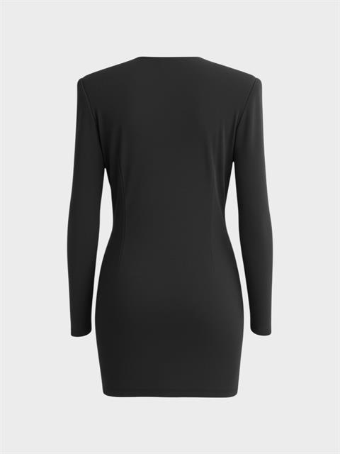 Drape Detaylı Uzun Kollu V Yaka Mini Elbise - Siyah