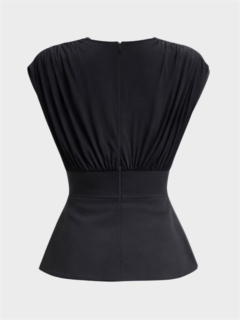 Drapeli Kruvaze Yaka Bel Oturtmalı Bluz - Siyah