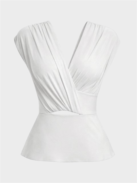 Drapeli Kruvaze Yaka Bel Oturtmalı Bluz - Ekru