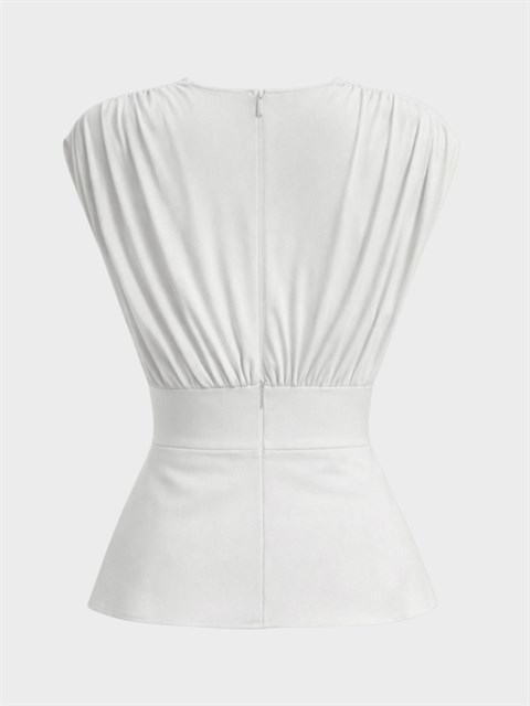 Drapeli Kruvaze Yaka Bel Oturtmalı Bluz - Ekru