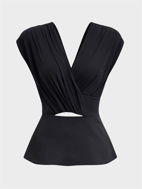 Drapeli Kruvaze Yaka Bel Oturtmalı Bluz - Siyah