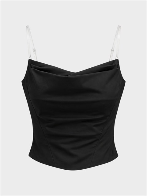 Drapeli Yaka Fermuarlı Büstiyer - Siyah