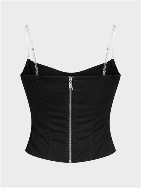 Drapeli Yaka Fermuarlı Büstiyer - Siyah