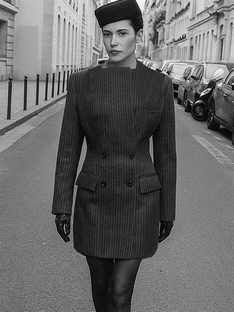 Düğme Detaylı ve Dik Omuzlu Ceket Elbise - Gri Çizgili