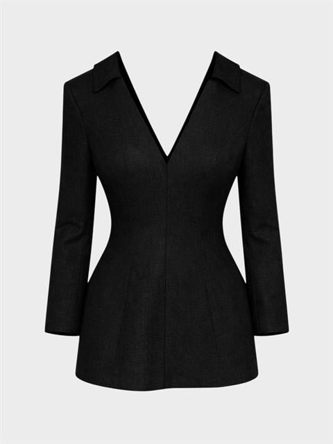 Formlu Kesim Derin Yaka Detaylı Mini Elbise - Siyah