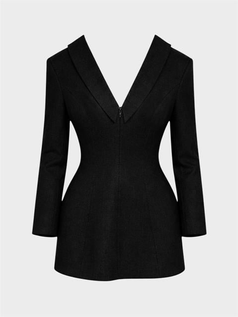 Formlu Kesim Derin Yaka Detaylı Mini Elbise - Siyah