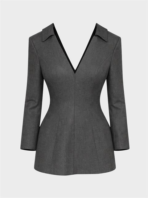 Formlu Kesim Derin Yaka Detaylı Mini Elbise - Gri