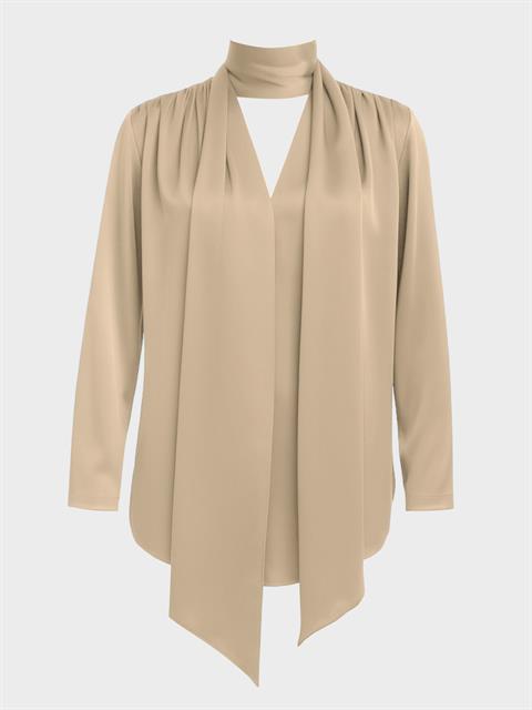 Fular Yaka Saten Gömlek Bluz - Bej