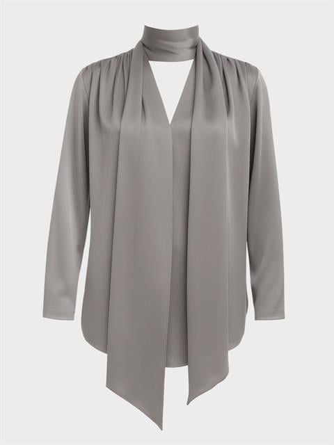 Fular Yaka Saten Gömlek Bluz - Gri
