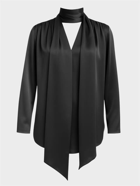 Fular Yaka Saten Gömlek Bluz - Siyah