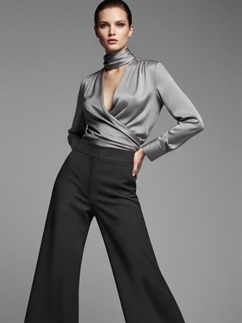 Fular Yaka Saten Gömlek Bluz - Gri