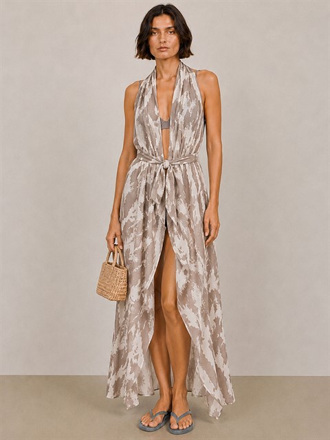 Halter Askı Detaylı Çöl Haresi Kimono - Desenli