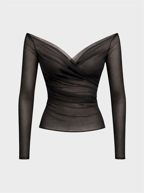 Kayı Yaka Yandan Fermuarlı Drape Detaylı Uzun Kol Tül Bluz - Siyah