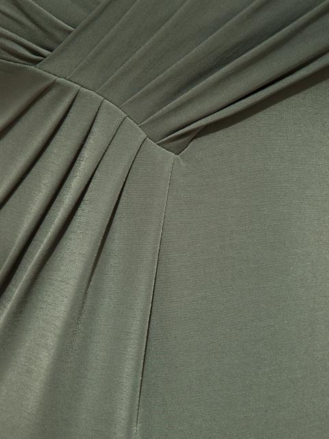 Kayık Yaka Büzgü Detaylı Kolsuz Body - Haki