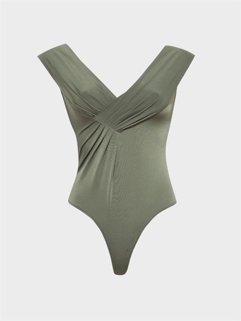 Kayık Yaka Büzgü Detaylı Kolsuz Body - Haki