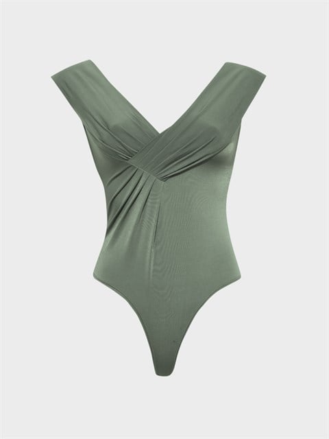 Kayık Yaka Büzgü Detaylı Kolsuz Body - Haki
