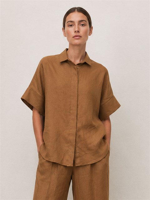 Kısa Kollu Oversize Keten Gömlek - Kahve