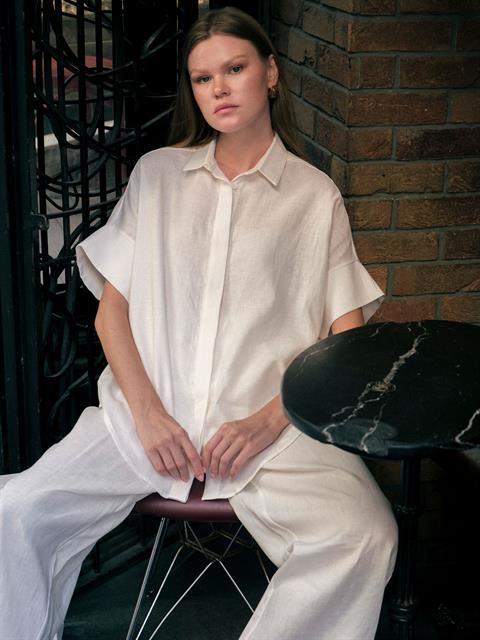 Kısa Kollu Oversize Keten Gömlek - Beyaz