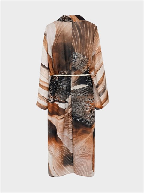 Kuşak Detaylı  Çöl Orkidesi Kimono - Desenli