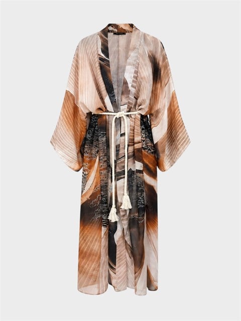 Kuşak Detaylı  Çöl Orkidesi Kimono - Desenli