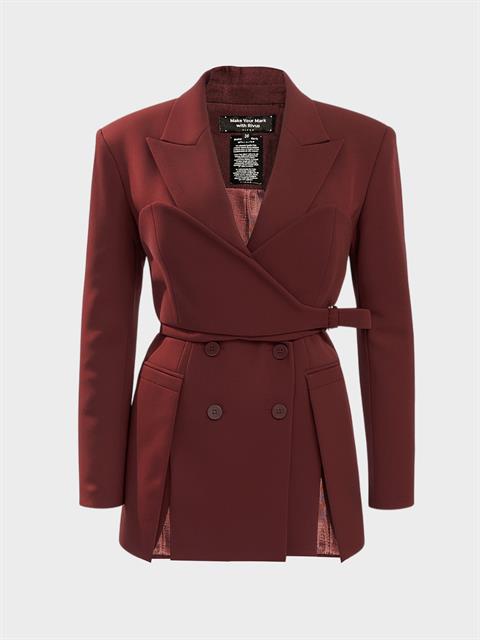 Kuşaklı ve Modüler Büstiyer Detaylı Blazer Ceket - Bordo