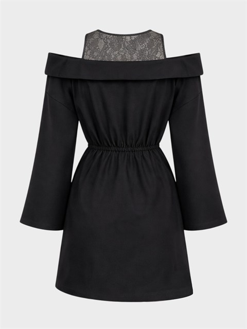 Omuz Dekolteli ve Dantel Garnili Belden Büzgü Mini Elbise - Siyah