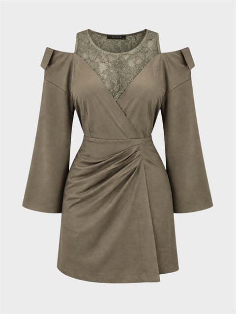 Omuz Dekolteli ve Dantel Garnili Belden Büzgü Mini Elbise - Haki