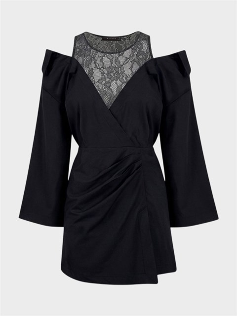 Omuz Dekolteli ve Dantel Garnili Belden Büzgü Mini Elbise - Siyah