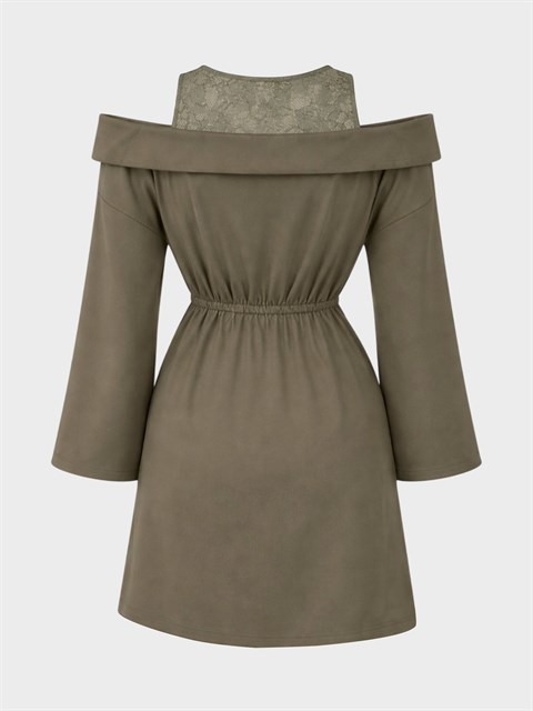 Omuz Dekolteli ve Dantel Garnili Belden Büzgü Mini Elbise - Haki