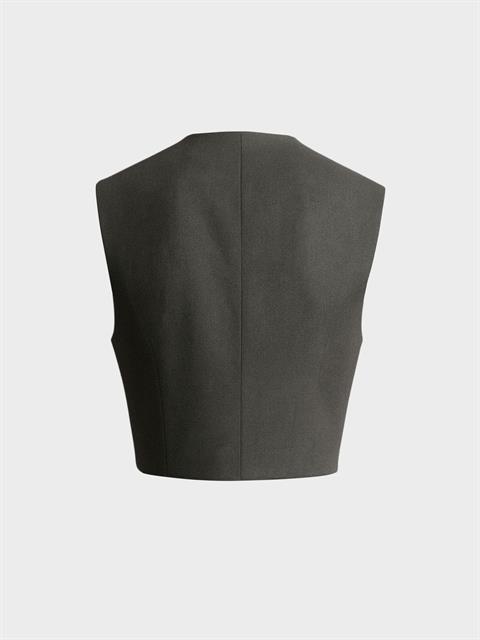 Omuzları Vatka Detaylı Crop Yelek - Gri