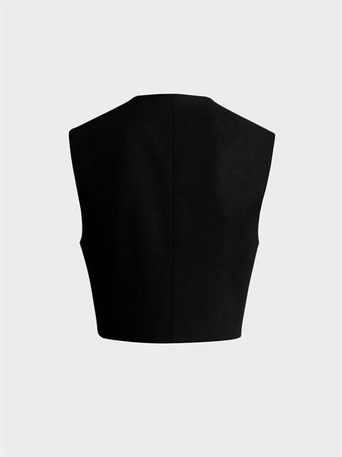 Omuzları Vatka Detaylı Crop Yelek - Siyah