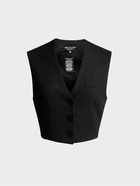 Omuzları Vatka Detaylı Crop Yelek - Siyah