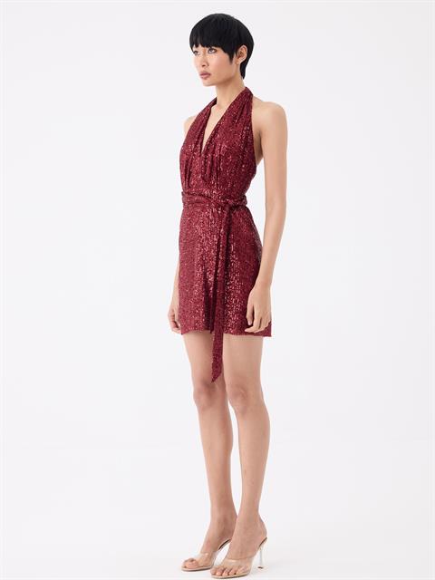 Önü Dekolteli Boyundan Askılı Payetli Kısa Elbise - Bordo