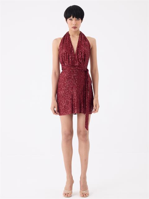 Önü Dekolteli Boyundan Askılı Payetli Kısa Elbise - Bordo