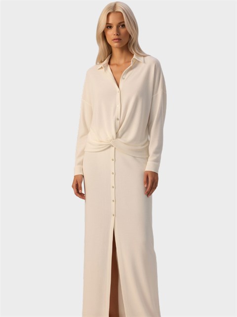 Önü Düğmeli İçi Astarlı İkonik Gömlek Elbise - Beyaz