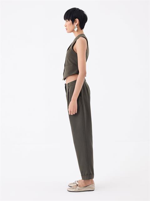 Önü Pileli Duble Paçalı Salaş Kesim Pantolon - Haki