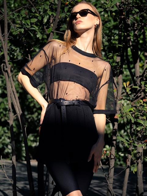 Oversize İncili Tül Şık T-Shirt - Siyah