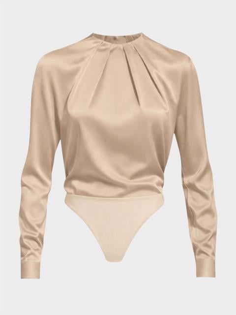 Özel Tasarım Büzgü Yaka Detaylı Çıtçıtlı Body Bluz - Bej