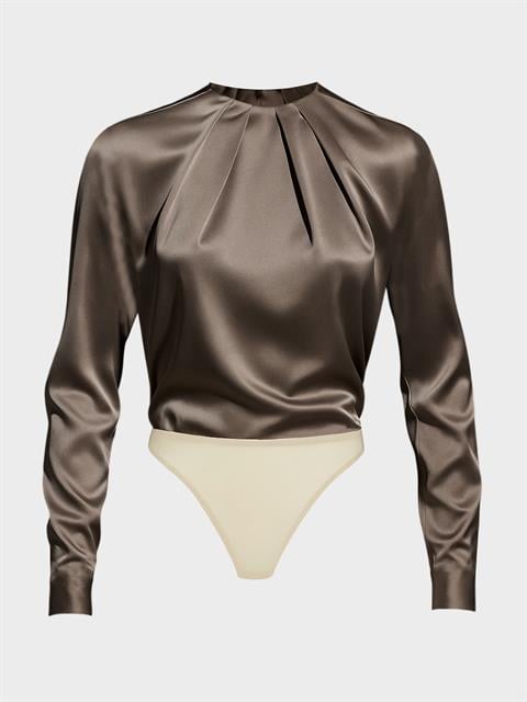 Özel Tasarım Büzgü Yaka Detaylı Çıtçıtlı Body Bluz - Vizon