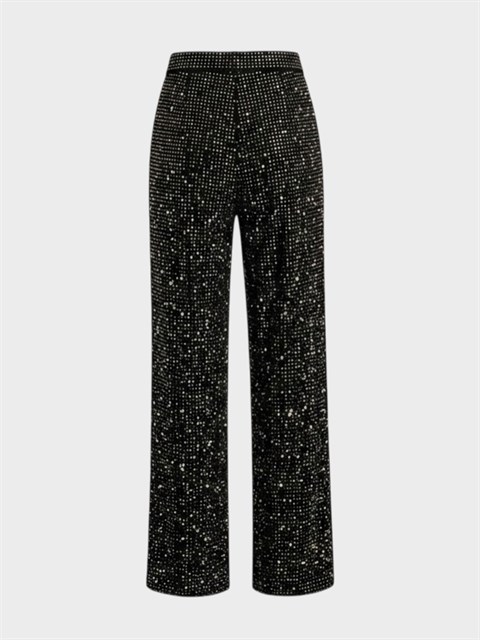 Parlak Taş Baskılı Dökümlü Özel Üretim Pantolon - Siyah
