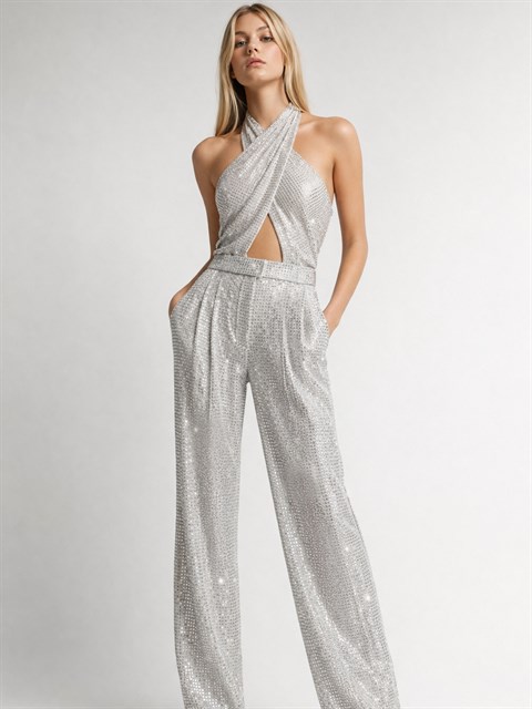 Parlak Taş Baskılı Dökümlü Özel Üretim Pantolon - Beyaz