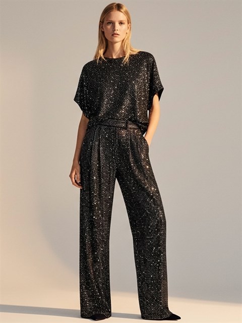 Parlak Taş Baskılı Dökümlü Özel Üretim Pantolon - Siyah