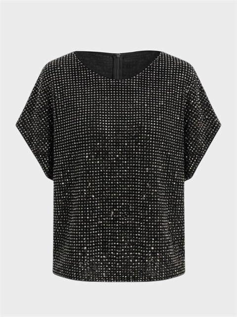 Parlak Taş Baskılı Dökümlü Kısa Kol Özel Üretim Bluz - Siyah