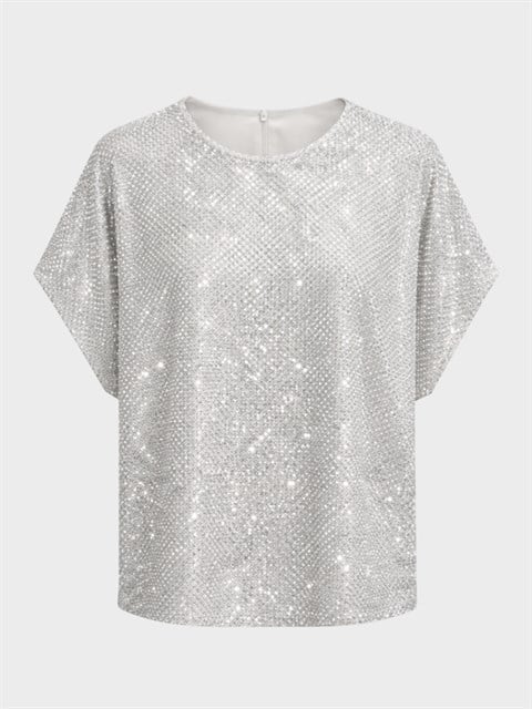 Parlak Taş Baskılı Dökümlü Kısa Kol Özel Üretim Bluz - Beyaz