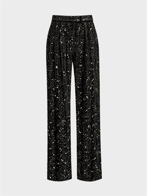 Parlak Taş Baskılı Dökümlü Özel Üretim Pantolon - Siyah