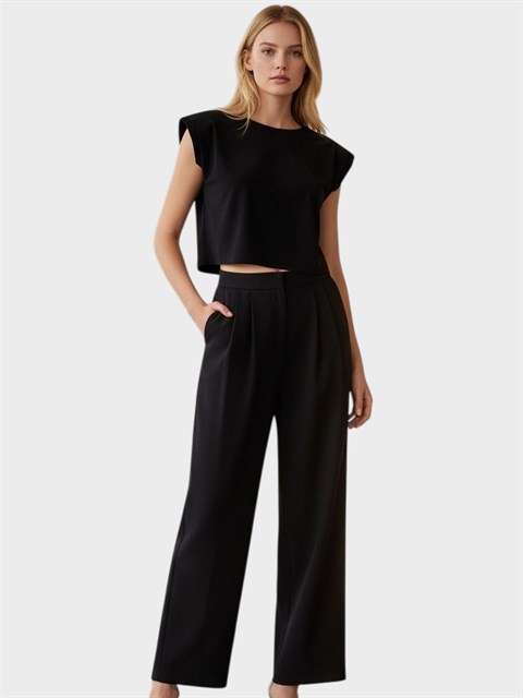 Pile Detaylı Dökümlü Şık Pantolon - Siyah