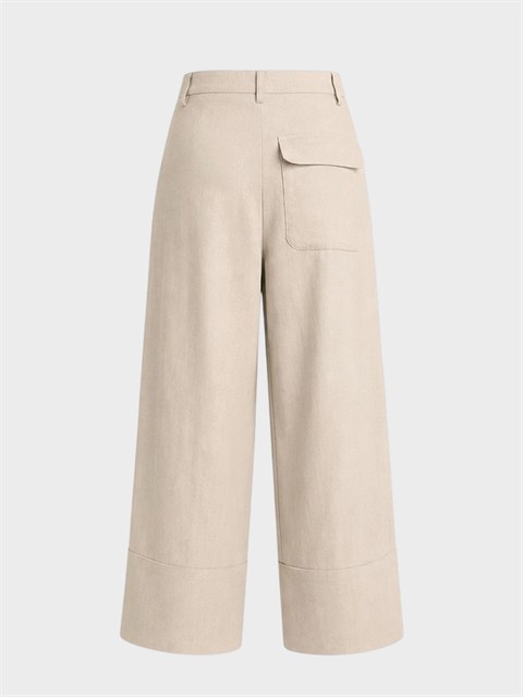 Pile Detaylı Keten Pantolon - Bej