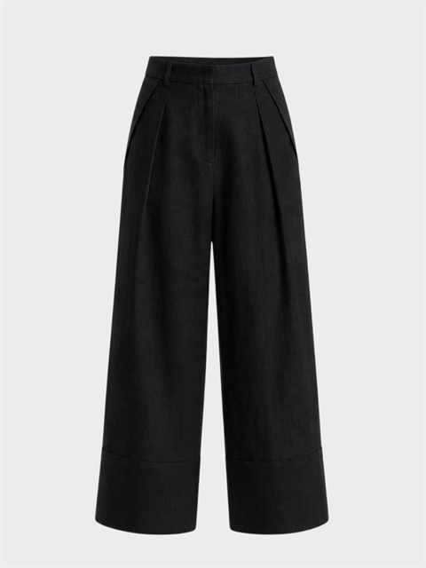Pile Detaylı Keten Pantolon - Siyah