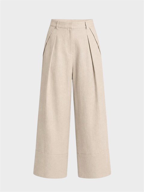 Pile Detaylı Keten Pantolon - Bej