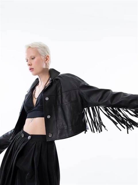 Püsküllü Deri Ceket - Siyah